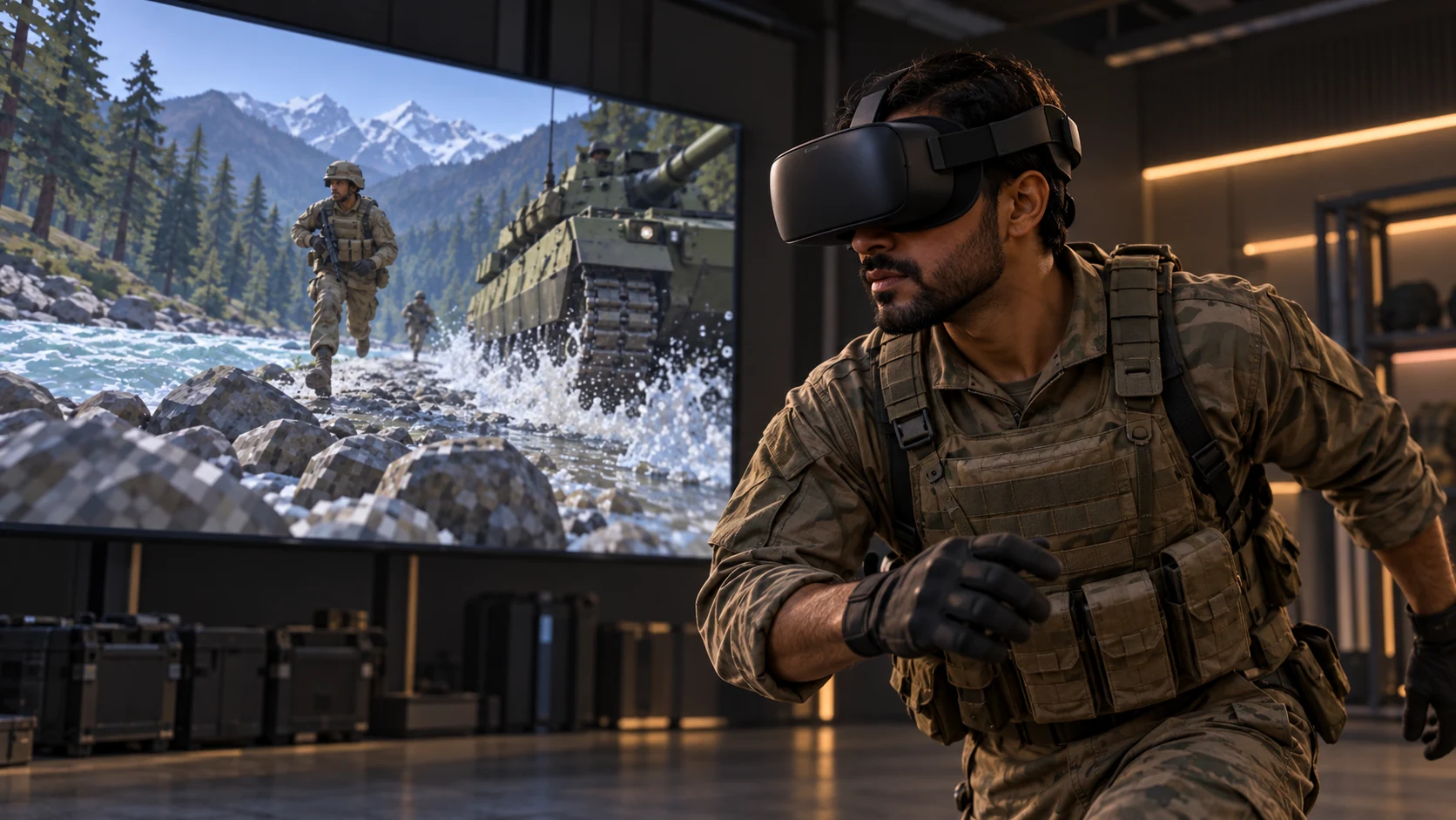 A trainee using a VR headset beside a rendered scenario